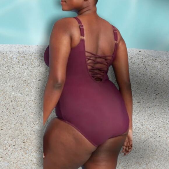 Aqua Green New Currant Red sun blocking lace up one piece swimwear size 26W - Picture 3 of 16